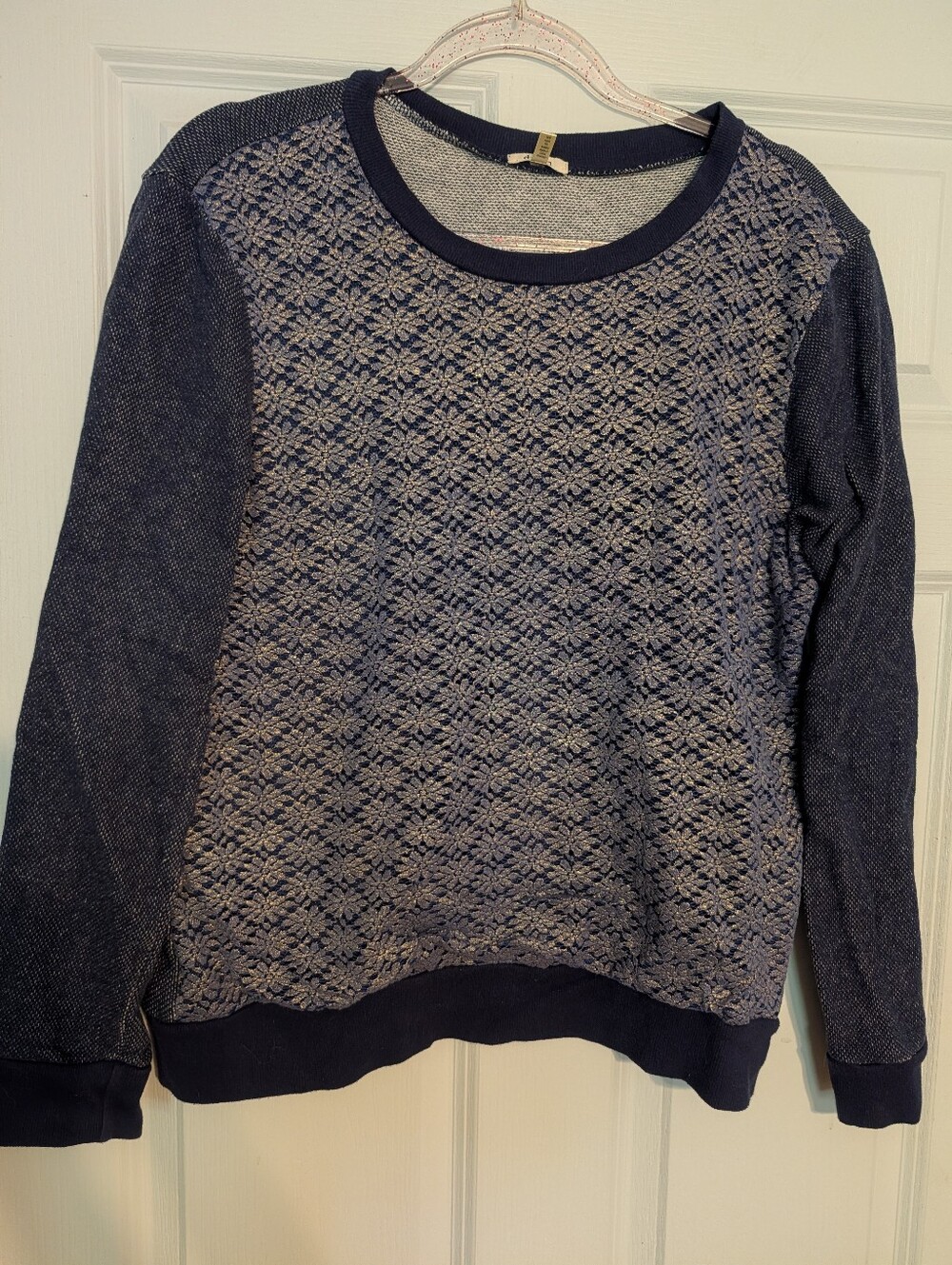 dylan Navy and Cream Floral Knit Crewneck Sweater
